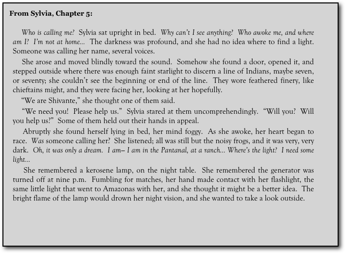 From Sylvia, Chapter 5:
    
    Who is calling me?  Sylvia sat upright in bed.  Why can’t I see anything?  Who awoke me, and where am I?  I’m not at home...  The darkness was profound, and she had no idea where to find a light.  Someone was calling her name, several voices.
    She arose and moved blindly toward the sound.  Somehow she found a door, opened it, and stepped outside where there was enough faint starlight to discern a line of Indians, maybe seven, or seventy; she couldn’t see the beginning or end of the line.  They wore feathered finery, like chieftains might, and they were facing her, looking at her hopefully.
      “We are Shivante,” she thought one of them said.
    “We need you!  Please help us.”  Sylvia stared at them uncomprehendingly.  “Will you?  Will you help us?”  Some of them held out their hands in appeal.
    Abruptly she found herself lying in bed, her mind foggy.  As she awoke, her heart began to race.  Was someone calling her?  She listened; all was still but the noisy frogs, and it was very, very dark.  Oh, it was only a dream.  I am— I am in the Pantanal, at a ranch... Where’s the light?  I need some light...
    She remembered a kerosene lamp, on the night table.  She remembered the generator was turned off at nine p.m.  Fumbling for matches, her hand made contact with her flashlight, the same little light that went to Amazonas with her, and she thought it might be a better idea.  The bright flame of the lamp would drown her night vision, and she wanted to take a look outside.
