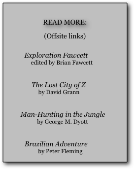 
READ MORE:
(Offsite links) 

Exploration Fawcett 
        edited by Brian Fawcett

    
   The Lost City of Z 
    by David Grann

    
        Man-Hunting in the Jungle 
         by George M. Dyott

      
Brazilian Adventure 
      by Peter Fleming
